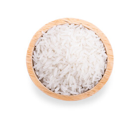 rice in wood bowl isolated on white background