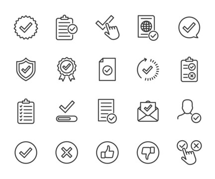 Vector set of approved line icons. Contains icons accepted document, approved and rejected, checklist, warranty, stamp, quality control and more. Pixel perfect.