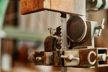 Focus to the sharp steel teeth on a band saw blade