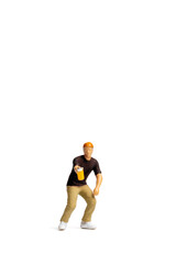 Miniature people Teenager spraying paint from can on white background and space for text