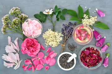 Natural herbal plant medicine preparation with herbs and flowers. Plant based alternative health...