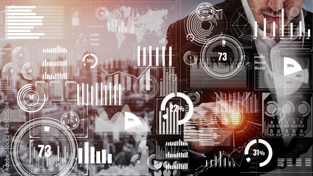 Poster conceptual business dashboard for financial data analysis . 3d render computer graphic .