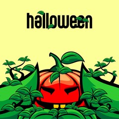 vector illustration of halloween background, pumpkin, grass, monster