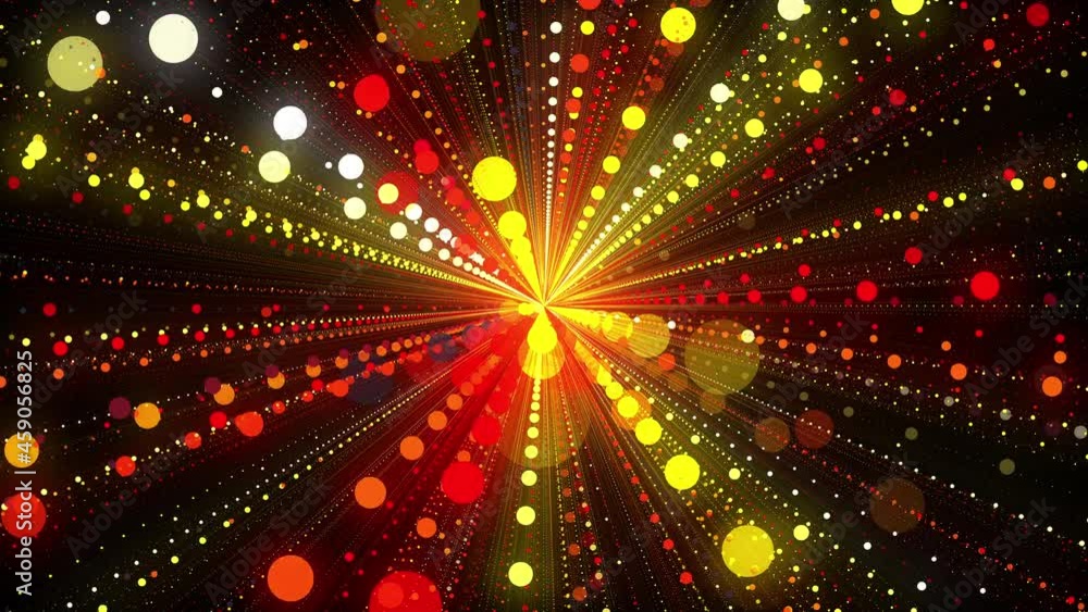 Poster hyperspace tunnel with 3d render of bright stripes of balls. translucent galaxy spheres float in geo