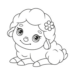 Cute sheep coloring page. Black and white cartoon illustration