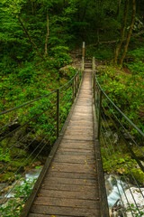 Tolmin Gorge  River Canyon in Slovenia Soca Valley. Wooden Suspension Bridge