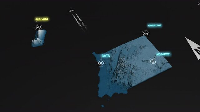Seamless looping animation of the 3d terrain map at nighttime of Equatorial Guinea with the capital and the biggest cites in 4K resolution
