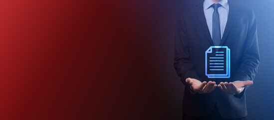Businessman man holding a document icon in his hand Document Management Data System Business...