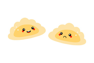 Couple of cute smiling and sad cartoon style pierogi, filled dumplings characters for food design.