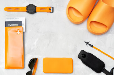 Traveling during COVID-19 pandemic: documents and accessories flat lay