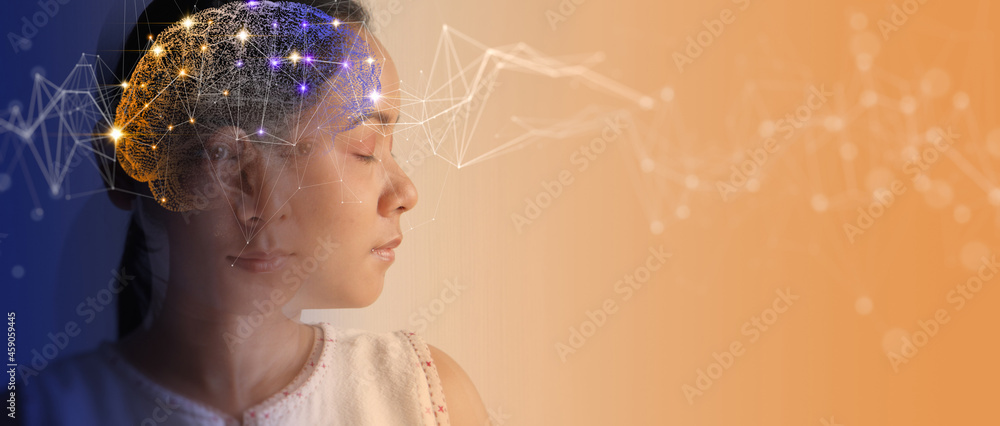 Poster double exposure of woman thinking with innovation virtual brain and connection lighting brain and br