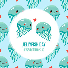 World Jellyfish Day greeting card, illustration with cute cartoon style couple of jellyfish characters with heart and seamless pattern background. November 3.
