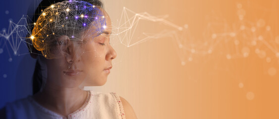 Double exposure of Woman thinking with innovation virtual brain and connection lighting brain and...