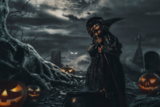 Witch in front of cooking pot