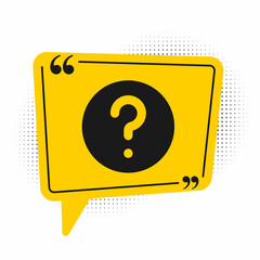 Black Unknown search icon isolated on white background. Magnifying glass and question mark. Yellow speech bubble symbol. Vector