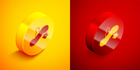 Isometric Escalator down icon isolated on orange and red background. Circle button. Vector