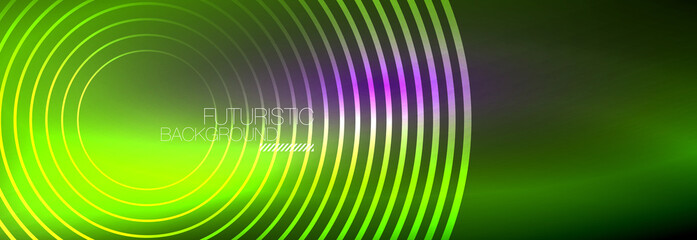 Dark abstract background with glowing neon circles. Trendy layout template for business or technology presentation, internet poster or web brochure cover, wallpaper