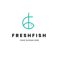 Isolated minimalist monoline outline image of blue fish logo