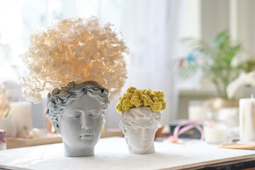 human bust with a potted plant as a spikey hairstyle of Dried Hydrangea flowers