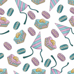 Sweets seamless pattern. Colorful cartoon illustration on white background.