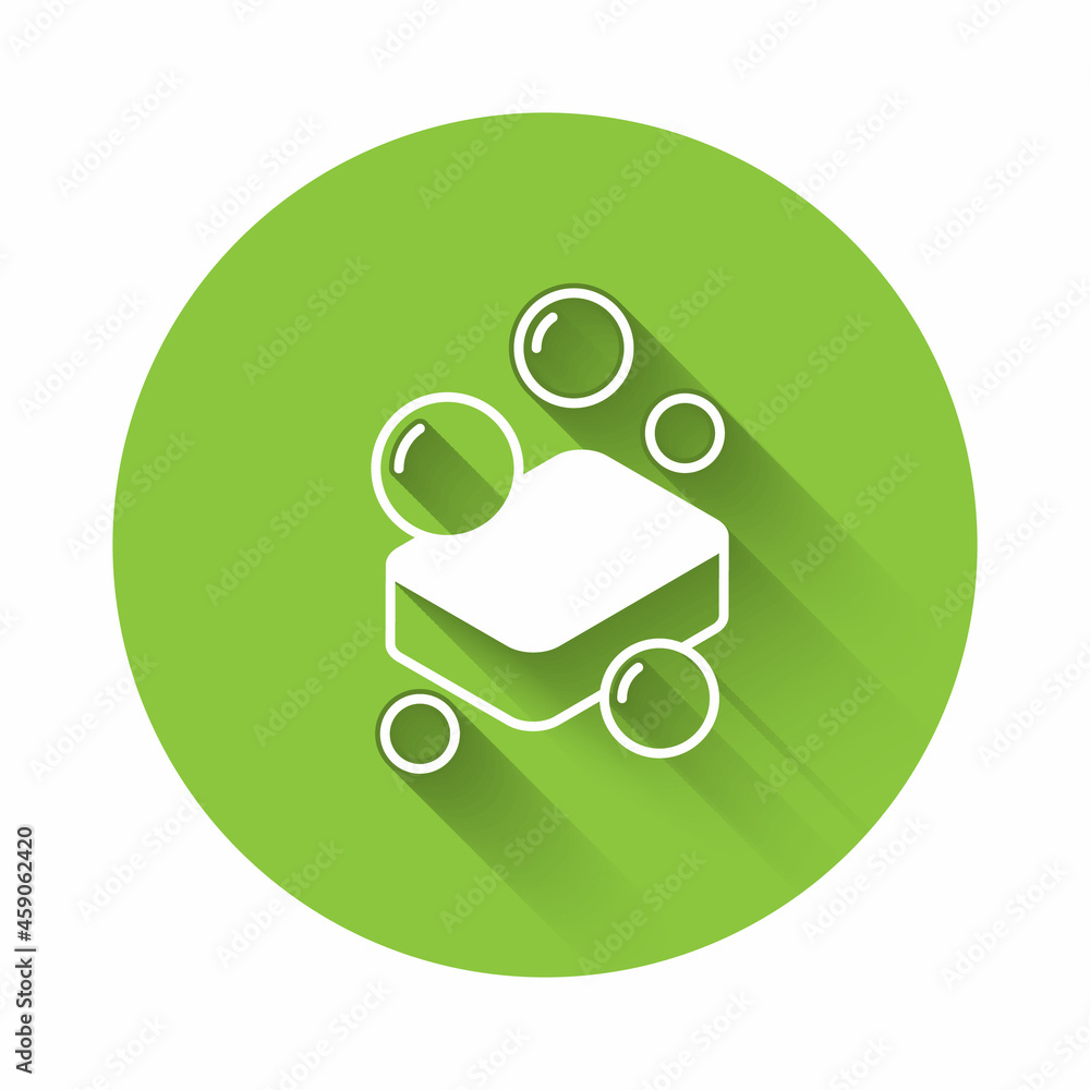 Poster white bar of soap icon isolated with long shadow background. soap bar with bubbles. green circle but