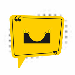 Black Skate park icon isolated on white background. Set of ramp, roller, stairs for a skatepark. Extreme sport. Yellow speech bubble symbol. Vector