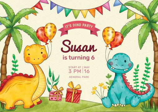 hand painted watercolor dinosaur birthday invitation vector design illustration