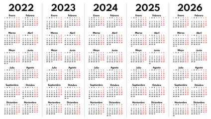 2022 2023 2024 2025 2026 spanish monthly calendar grid, vector template