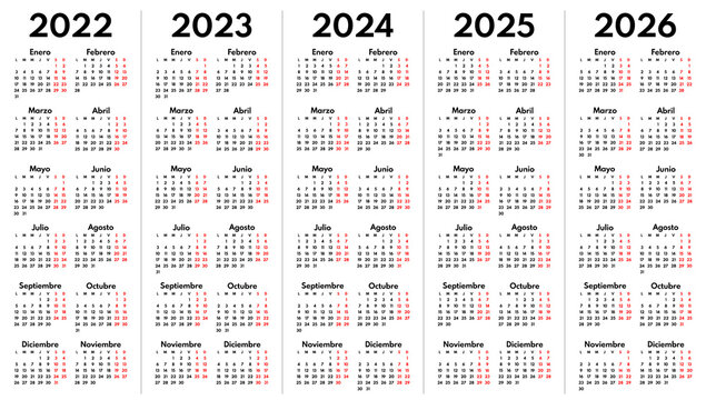 2022 2023 2024 2025 2026 spanish monthly calendar grid, vector template
