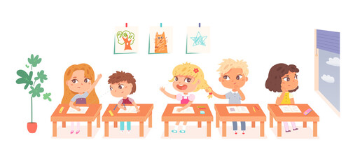 Obraz na płótnie Canvas Teacher and children in school classroom, group of cute boy girl sitting on lesson