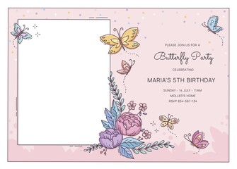 hand drawn butterfly birthday invitation template with photo vector design illustration