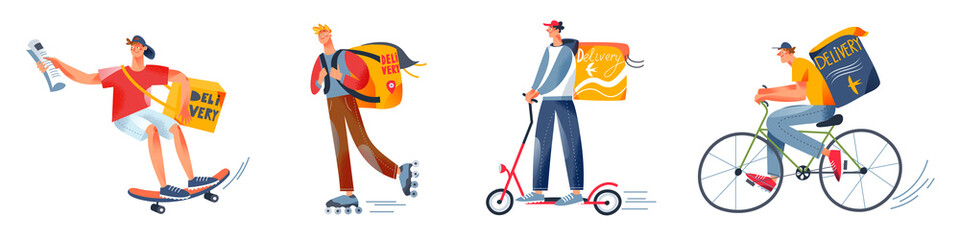 Delivery man courier riding eco transport to deliver box, postal delivery service set