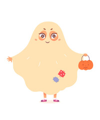 Ghost Halloween kid character, cute scary monster, child in spooky ghost costume