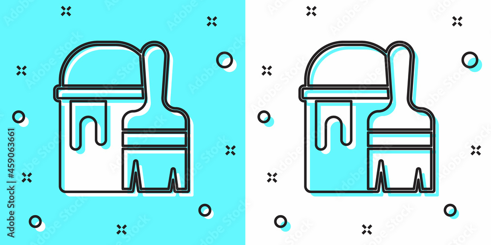 Poster Black line Paint bucket with brush icon isolated on green and white background. Random dynamic shapes. Vector