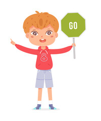 Kid boy with road go attention sign, traffic rules, schoolboy holding safe signal symbol