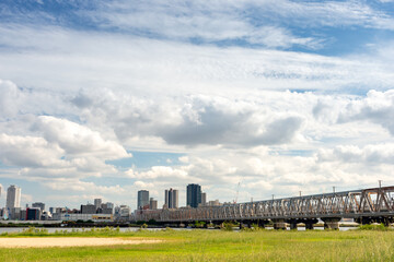Fototapeta na wymiar View of office buildings of central Osaka city from Yodogawa river bank