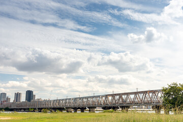 View of office buildings of central Osaka city from Yodogawa river bank