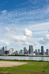 Fototapeta premium View of office buildings of central Osaka city from Yodogawa river bank