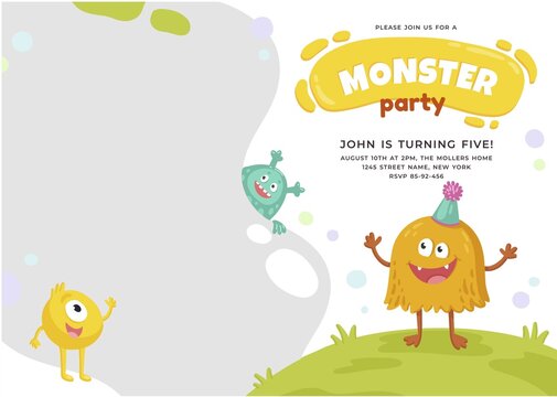 hand drawn monster birthday invitation template with photo vector design illustration