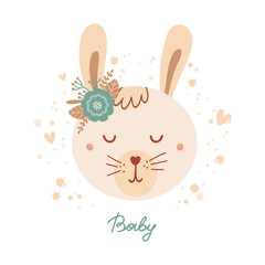 Cute poster with face wild rabbit and flowers in flat style for kids. Lettering Baby. Illustration with animal in pastel colors. Print for children clothing and textiles. Vector