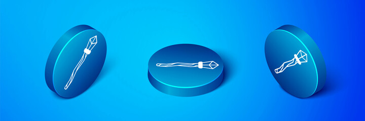 Isometric Magic staff icon isolated on blue background. Magic wand, scepter, stick, rod. Blue circle button. Vector