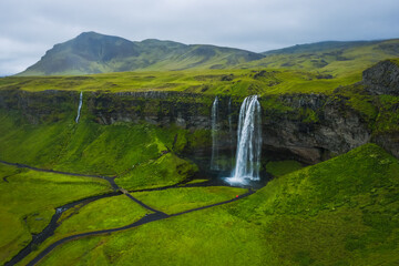 Aerial photo of most visited Seljalandsfoss waterfall, Iceland