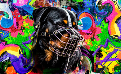 Schwarz-Weiß-Hund Rottweiler auf Farbkunst © reznik_val