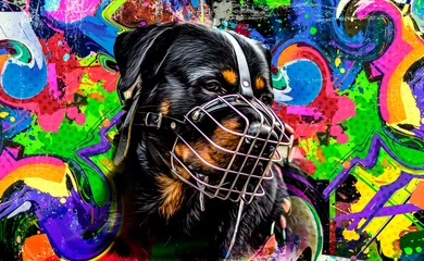 Schwarz-Weiß-Hund Rottweiler auf Farbkunst © reznik_val