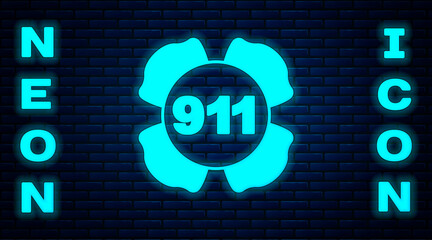 Glowing neon Telephone with emergency call 911 icon isolated on brick wall background. Police, ambulance, fire department, call, phone. Vector