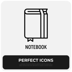Notebook with bookmark thin line icon. Promotional product. Modern vector illustration.