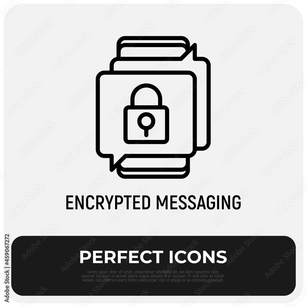 Poster encrypted messaging thin line icon, locked text in speech bubbles. modern vector illustration.