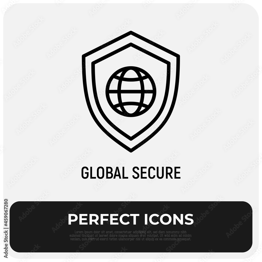 Poster global secure thin line icon, shield with globe. modern vector illustration.