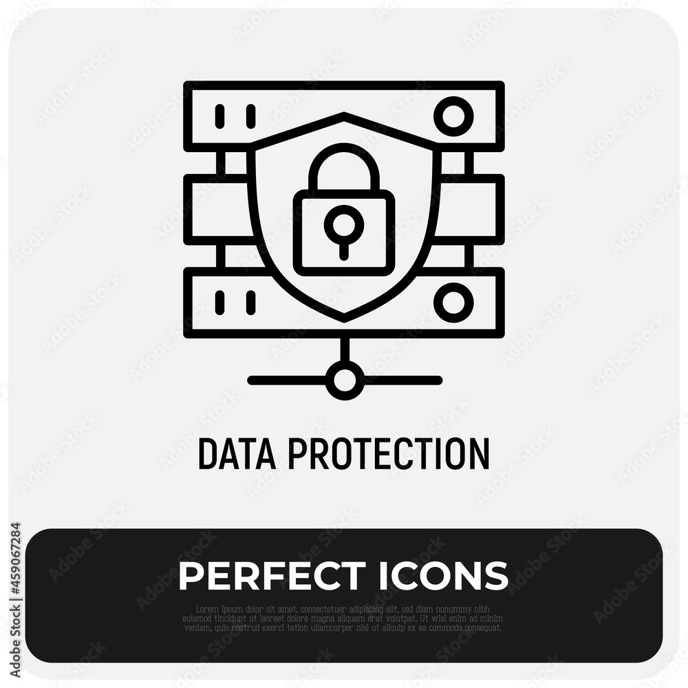 Poster secure servers thin line icon, database with shield. modern vector illustration.