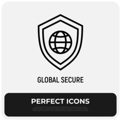 Global secure thin line icon, shield with globe. Modern vector illustration.
